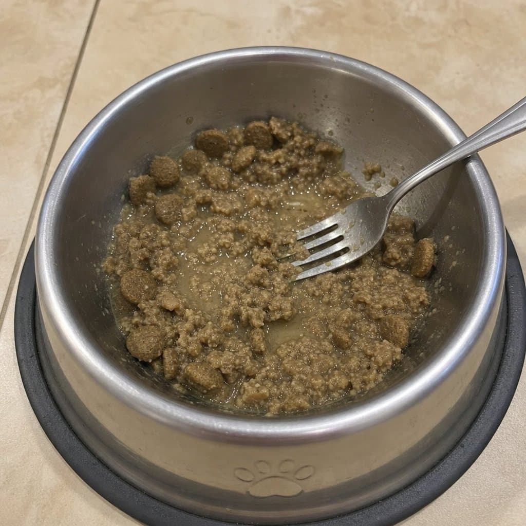 soft dry dog food softened in a bowl as easy-to-chew kibble for senior dogs