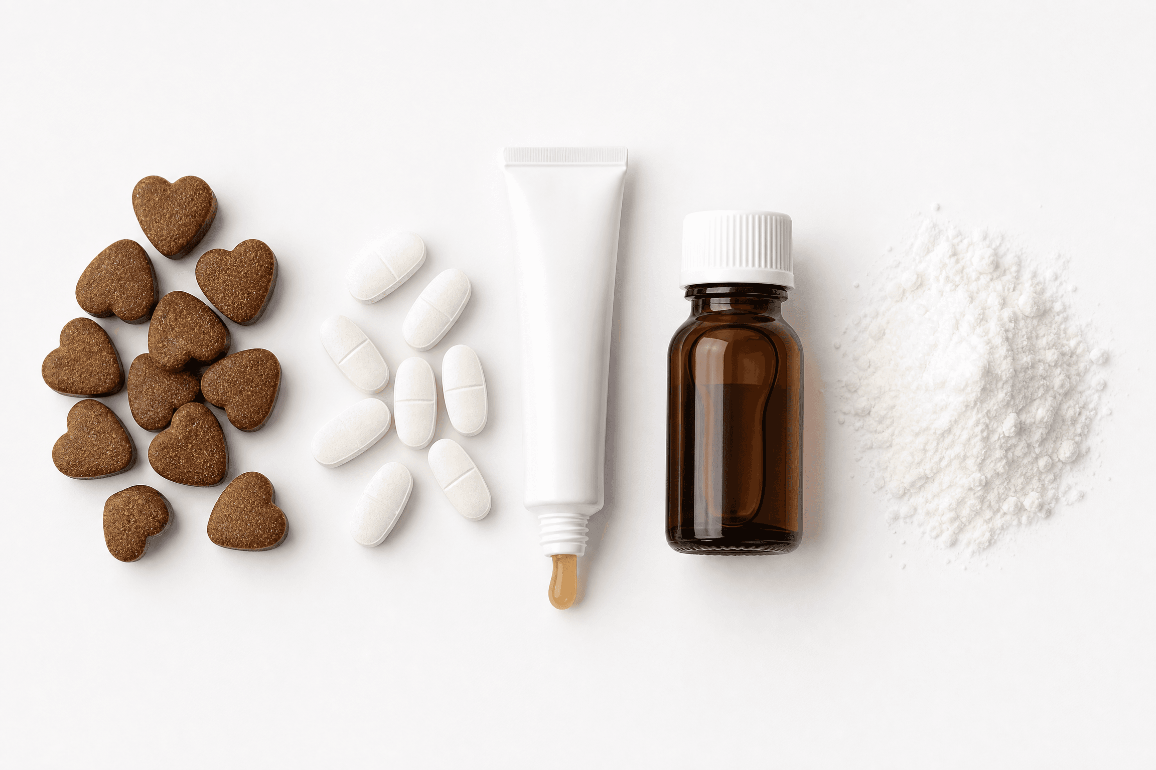 Various pet supplement dosage forms: soft chews, tablets, paste, liquid, powder