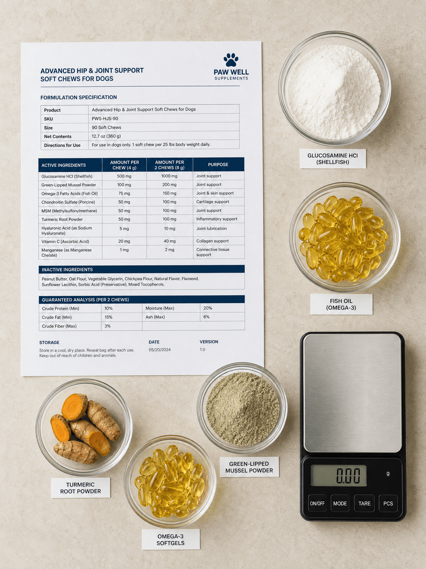 Pet supplement formulation ingredients and specification sheet