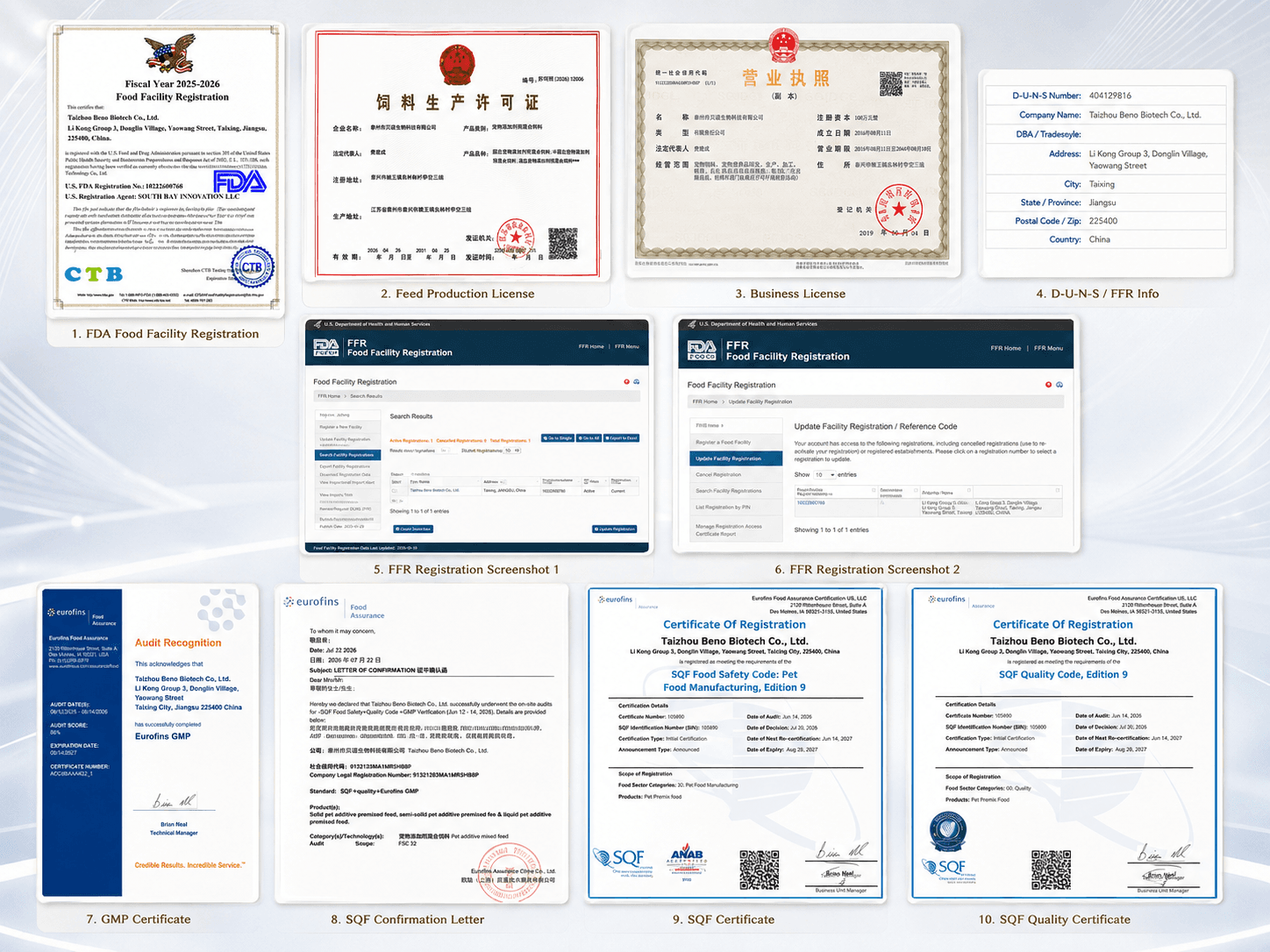 All certifications: FDA Food Facility Registration, Feed Production License, Business License, D-U-N-S, FFR Screenshots, GMP Certificate, SQF Confirmation Letter, SQF Certificate, SQF Quality Certificate