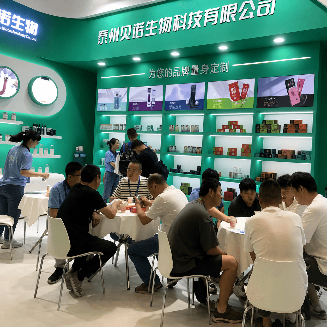 Beno Biotech exhibition booth at China pet industry trade show, showcasing OEM partner brands