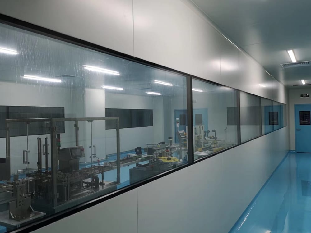 Packaging line seen through the cleanroom viewing window