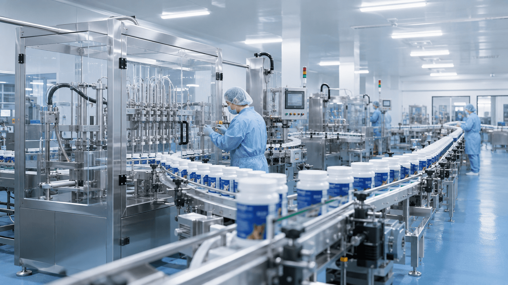Jar filling line for pet supplement tubs