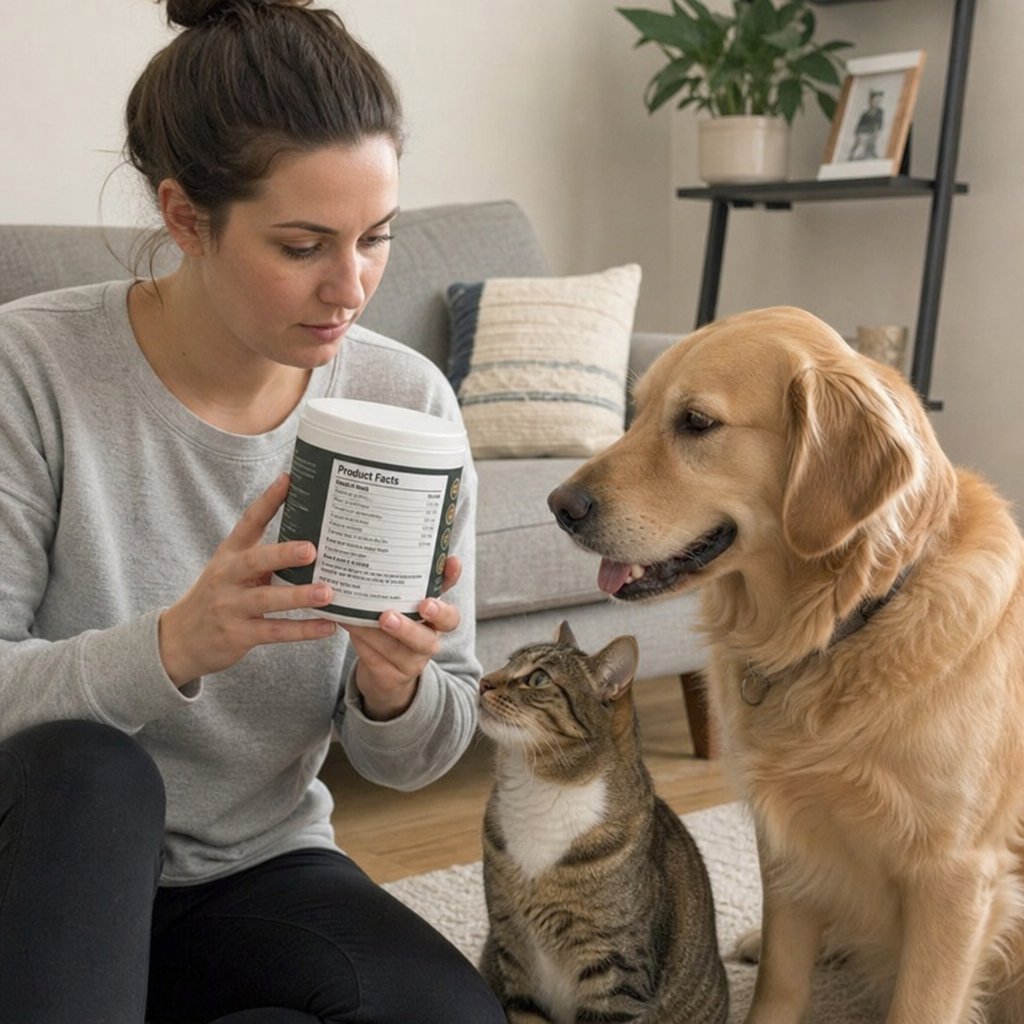 Pet owner reviewing a supplement label beside a dog and cat