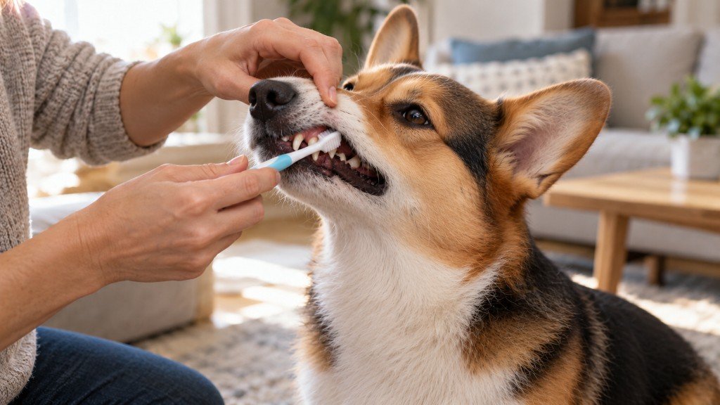 owner brushing a corgi's teeth to reduce dog bad breath