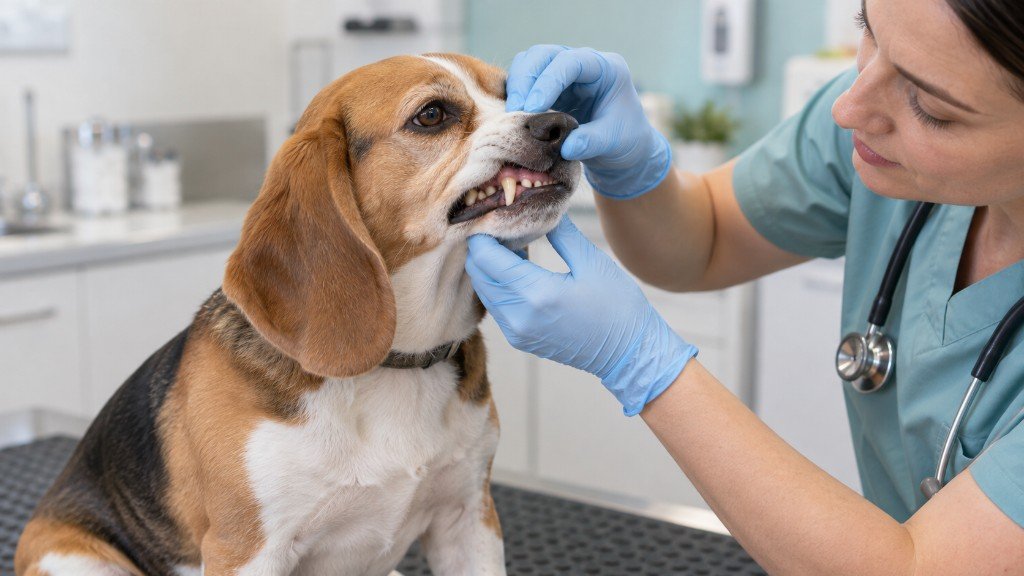 veterinarian examining a beagle's teeth during a dental check for dog bad breath