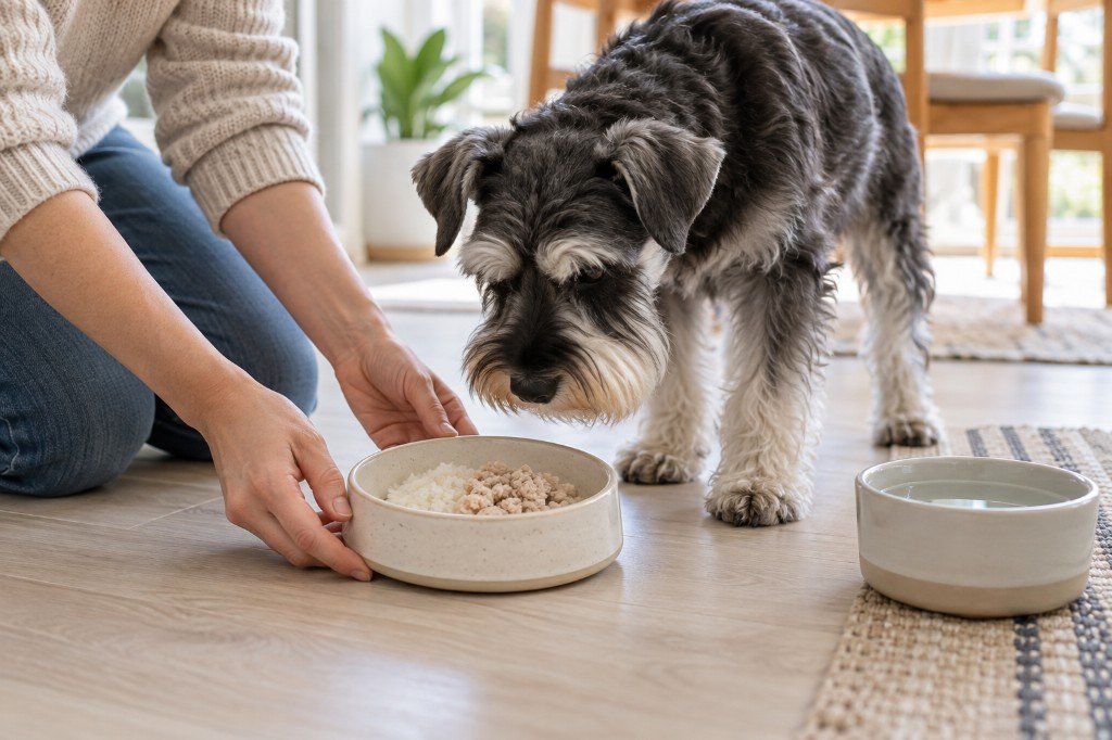 schnauzer eating a bland bowl of rice and lean meat, a short-term dog food for diarrhea