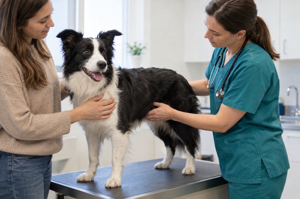 veterinarian examining a border collie with the owner during a visit for dog diarrhea