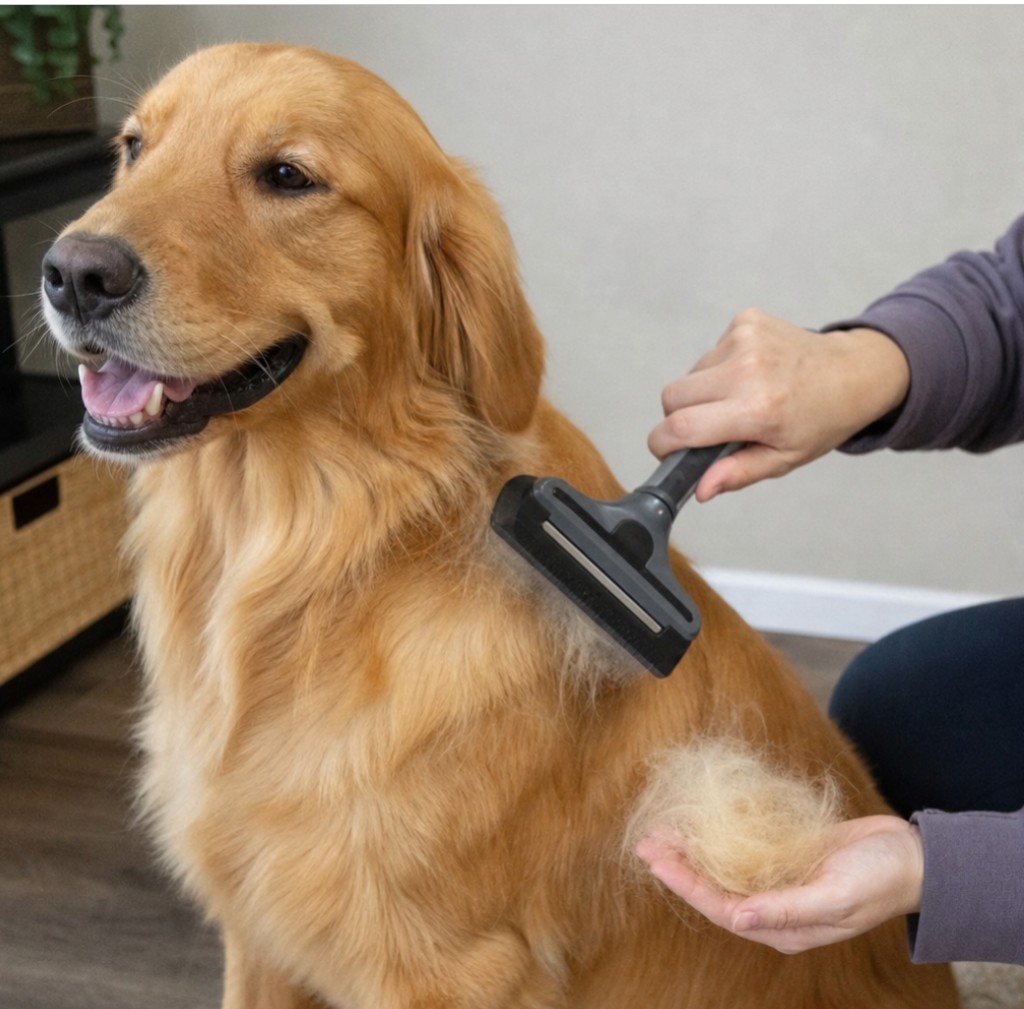 Golden retriever being brushed, with a handful of loose seasonal coat