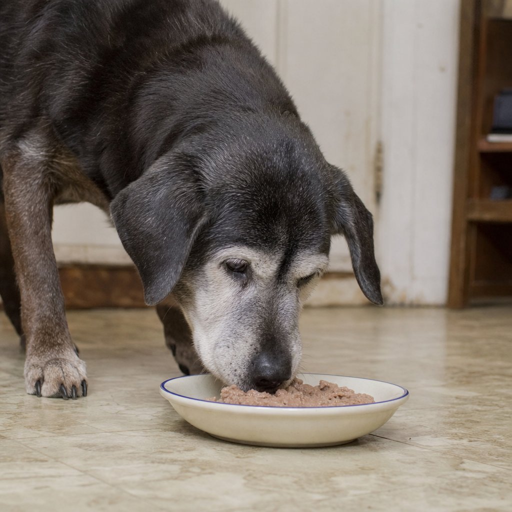 senior dog eating soft food from a shallow bowl