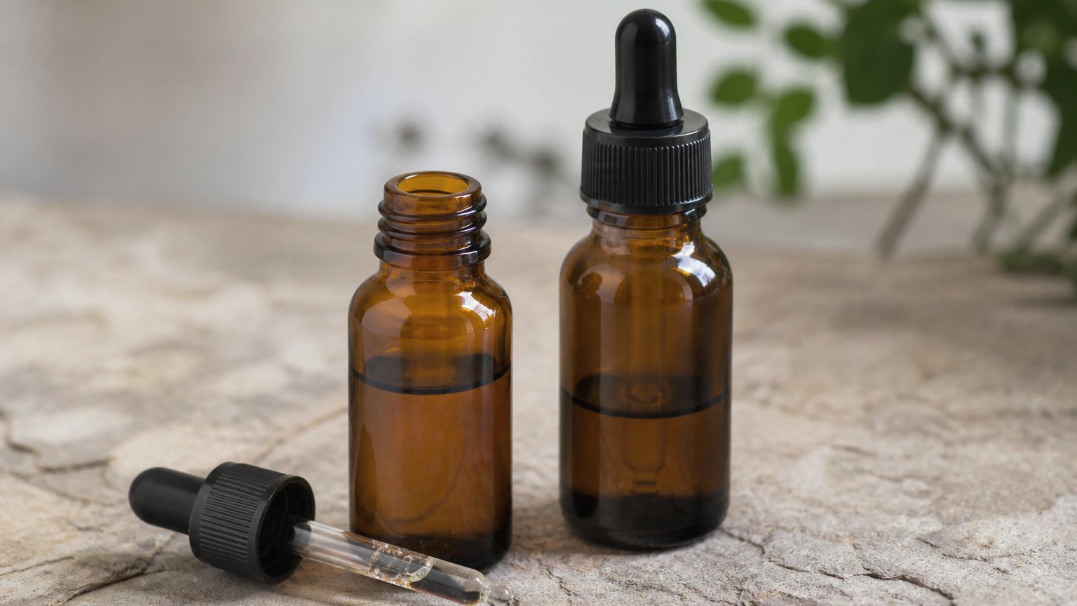 Unlabeled amber dropper bottles for oils and liquids