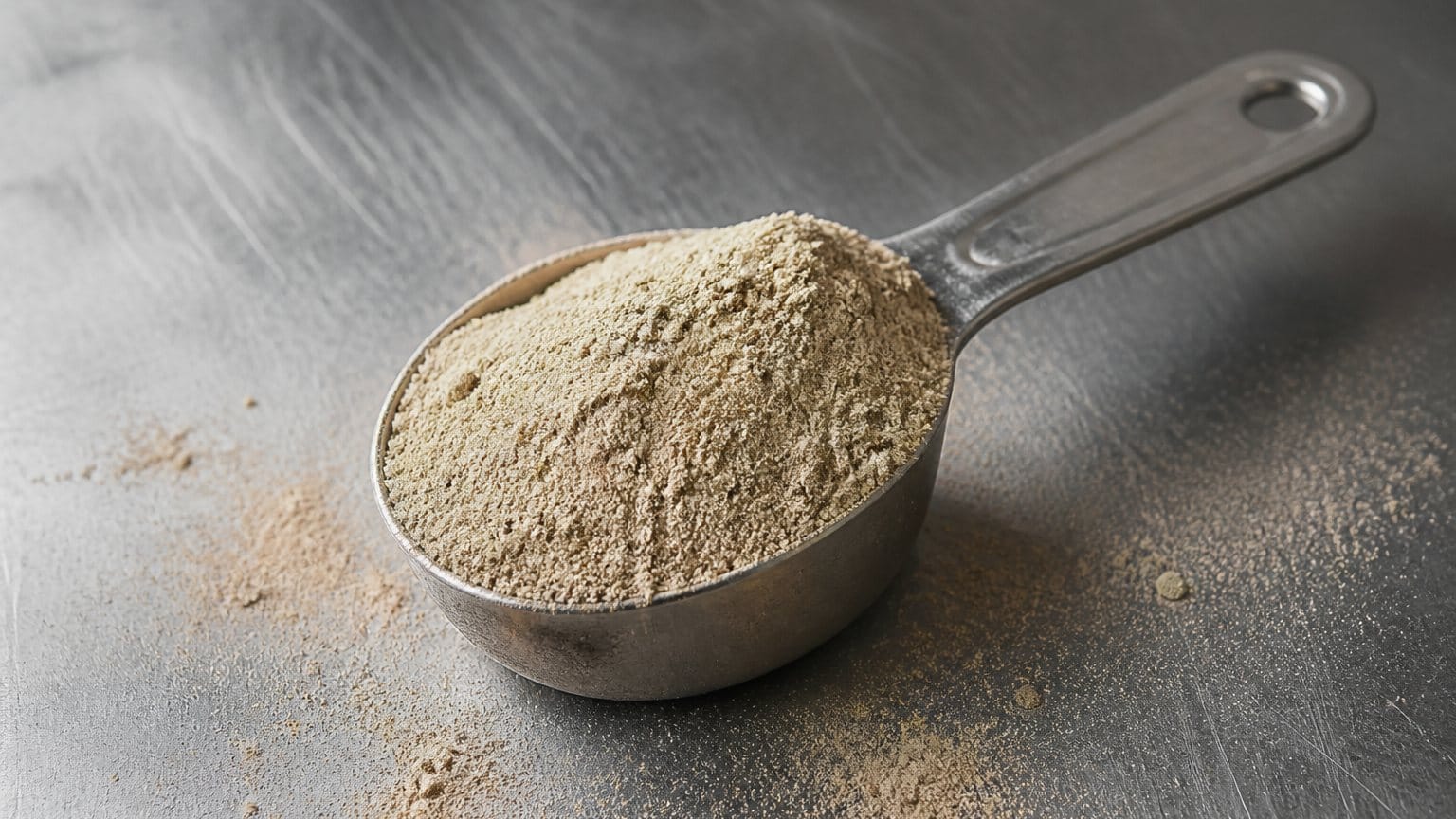 Beige oral-care powder in a stainless scoop