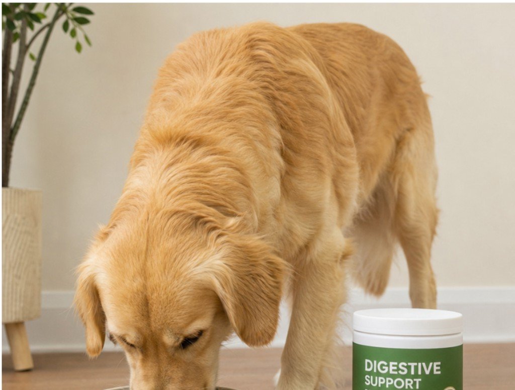 golden retriever eating beside a digestive support supplement for GI support for dogs