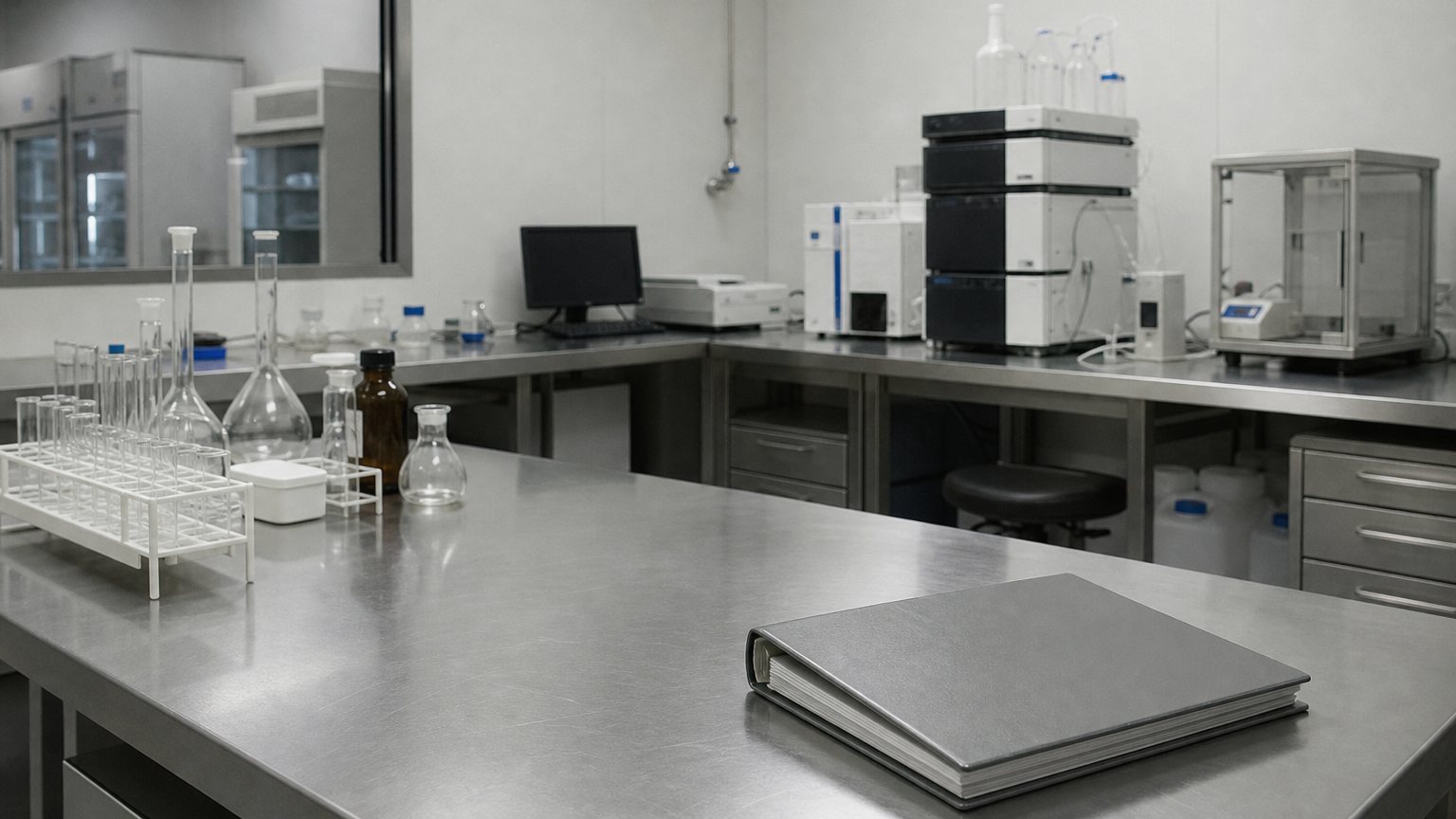 Empty quality-control bench in a pet supplement plant