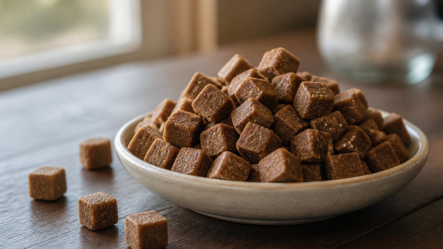 Brown cube joint chews in a ceramic dish