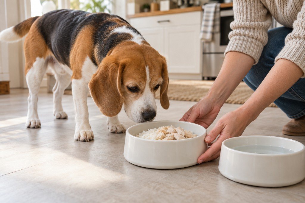 beagle sniffing boiled chicken and white rice beside a water bowl, a bland meal for loose stool in dogs