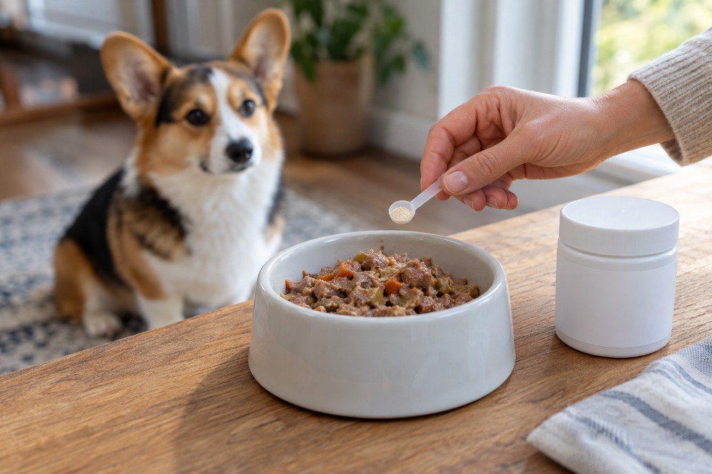 owner sprinkling a scoop of powder onto a dog's meal while a corgi waits