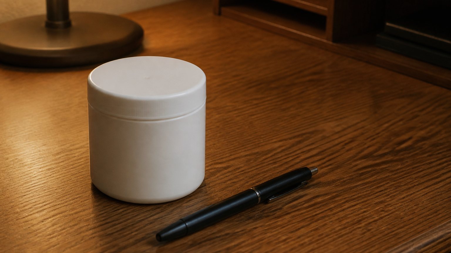 Unlabeled sample jar and pen on a wooden desk