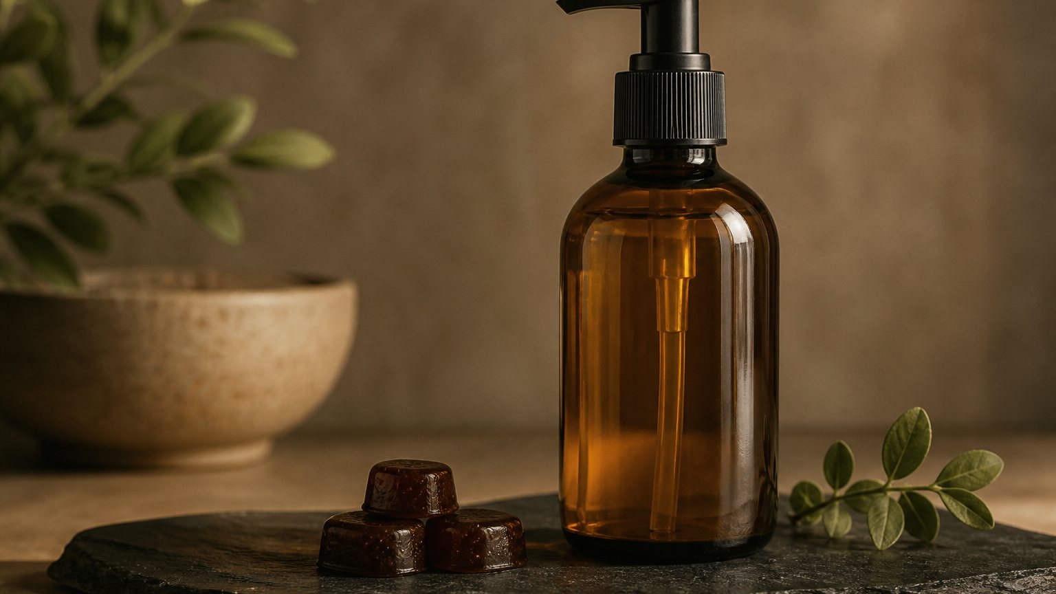 Amber oil bottle beside omega chews on slate