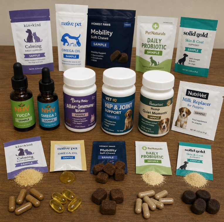 Product samples of pet health supplements in pouches, bottles, drops, and chews