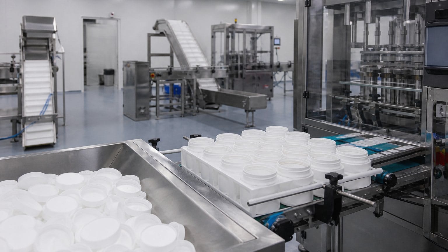 Filling line with unlabeled white jars, no operators