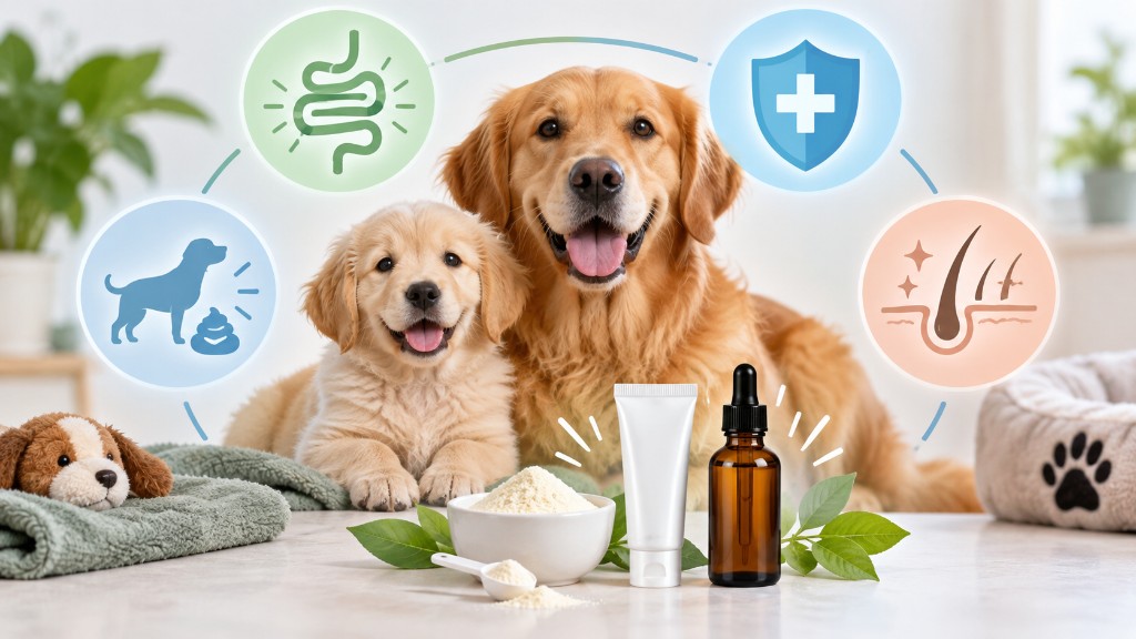 Golden retriever and puppy with probiotic powder, a paste tube, and liquid drops for dogs