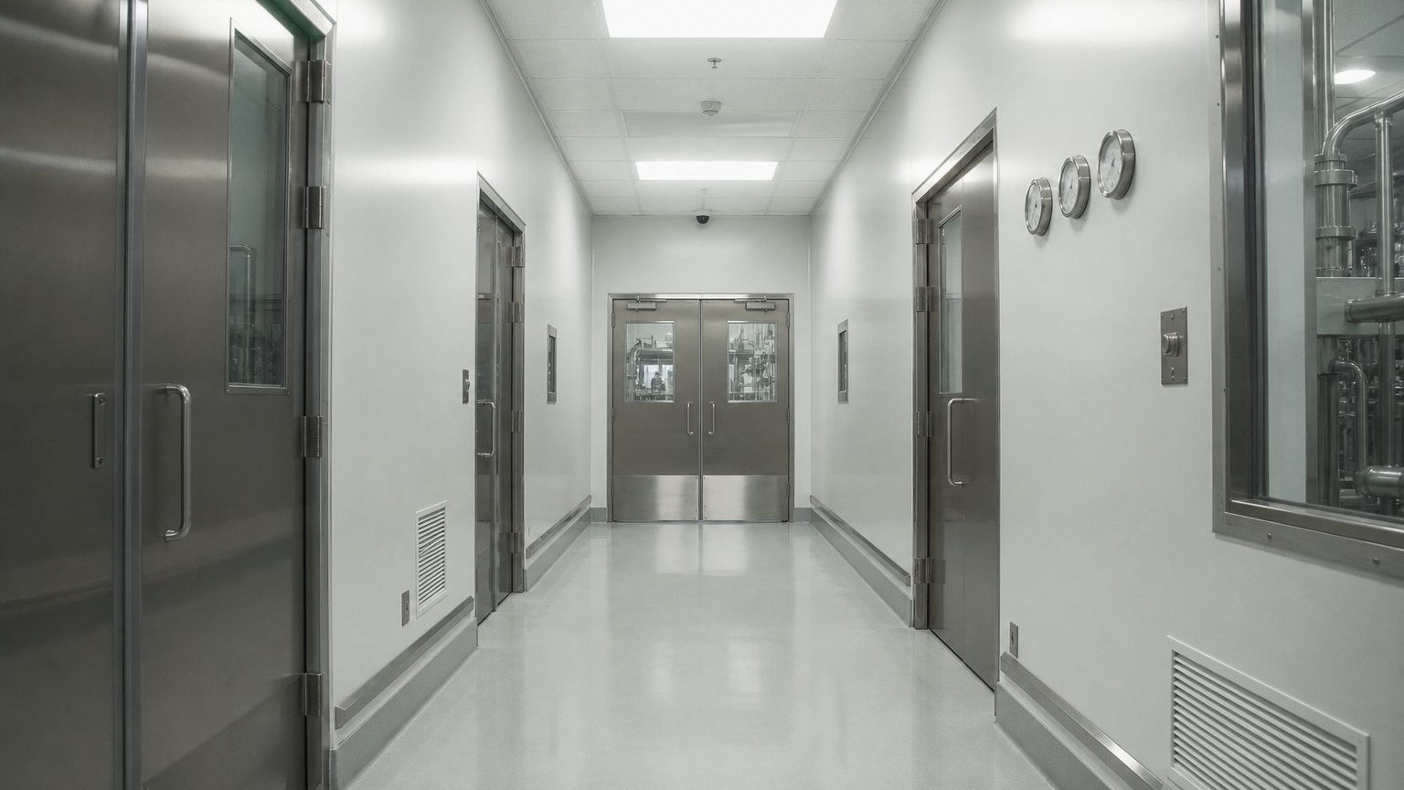 Empty cleanroom corridor at a pet supplement factory