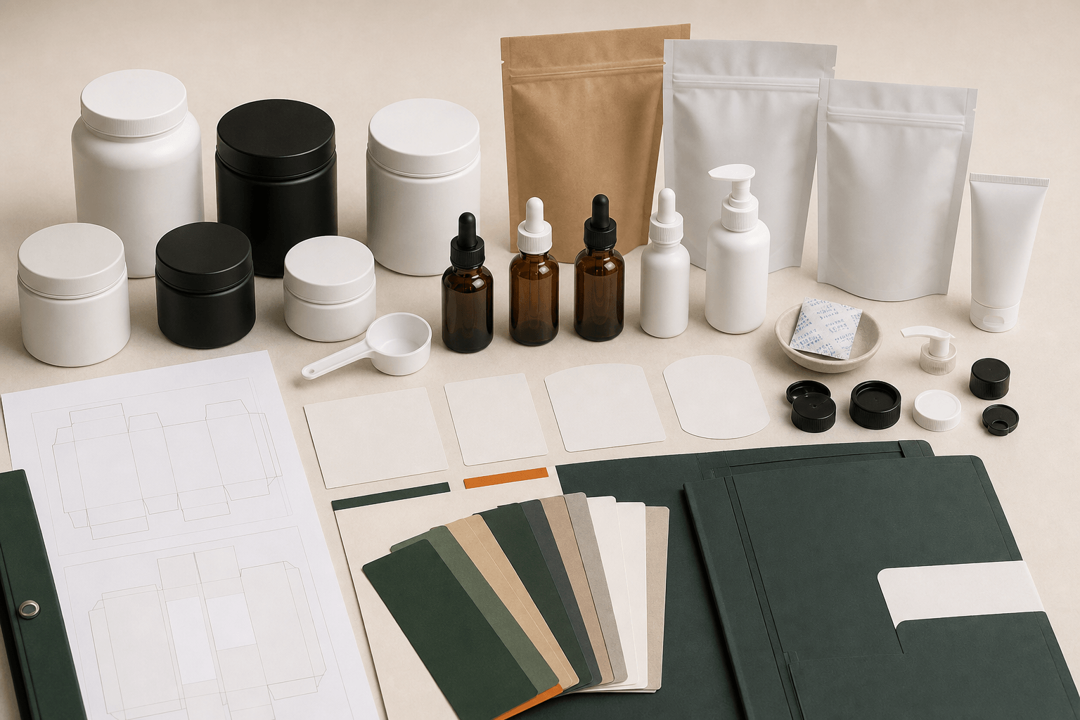 Pet supplement quote documents beside packaging samples and ingredient notes
